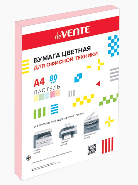 Бумага цветная для офисной техники 'deVENTE' A4 50 л, 80 г;м², пастельный розовый, 2072703